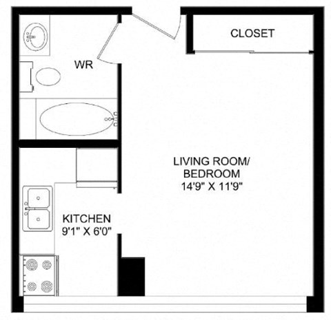 Floor plan for studio, 1 bath, 356 sqft